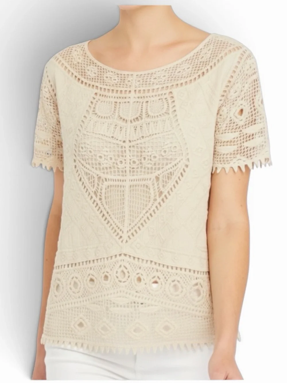 NWT Ultra Pink 100% Cotton Beige Boho Crochet Short Sleeve Top Size XL